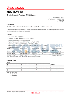HD74LV11A datasheet - Triple 3-input Positive AND Gates