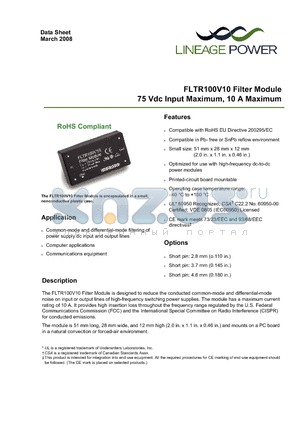 FLTR100V10-62Z datasheet - 75 Vdc Input Maximum, 10 A Maximum
