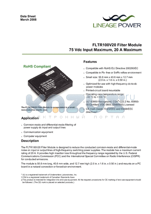 FLTR100V206Z datasheet - 75 Vdc Input Maximum, 20 A Maximum