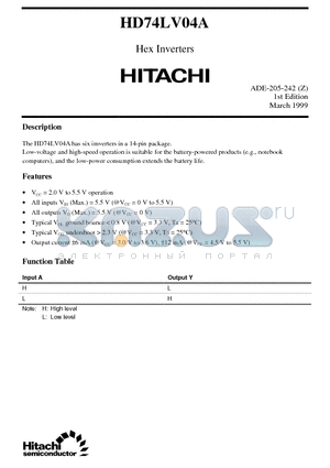 HD74LV04A datasheet - Hex Inverters