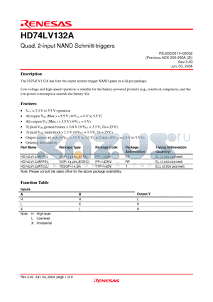 HD74LV132ARPEL datasheet - Quad. 2-input NAND Schmitt-triggers