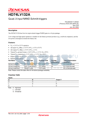 HD74LV132ATELL datasheet - Quad. 2-input NAND Schmitt-triggers