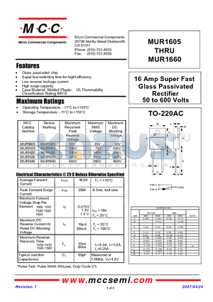 MUR1610 datasheet - 16 Amp Super Fast Glass Passivated Rectifier 50 to 600 Volts