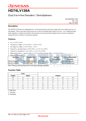 HD74LV139A datasheet - Dual 2-to-4-line Decoders / Demultiplexers