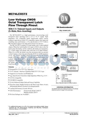 MC74LCX573DWR2G datasheet - Low-Voltage CMOS Octal Transparent Latch Flow Through Pinout With 5 V−Tolerant Inputs and Outputs (3−State, Non−Inverting)