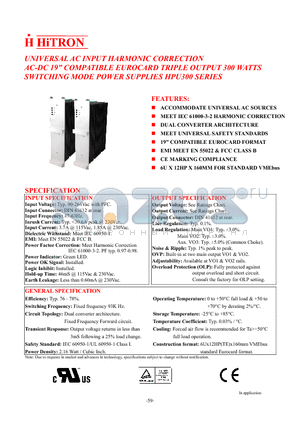 HPU300-32 datasheet - UNIVERSAL AC INPUT HARMONIC CORRECTION AC-DC 19 COMPATIBLE EUROCARD TRIPLE OUTPUT 300 WATTS SWITCHING MODE POWER SUPPLIES