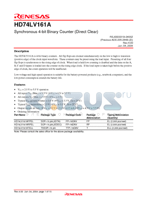 HD74LV161A datasheet - Synchronous 4-bit Binary Counter (Direct Clear)