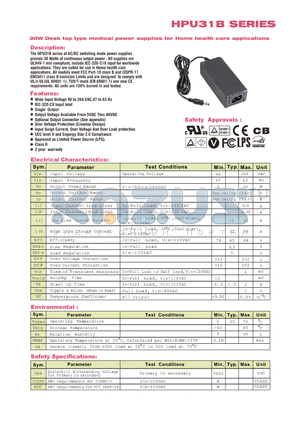 HPU31B-107 datasheet - 30W Desk top type medical power supplies for health care applications