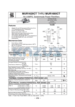 MUR1620CT datasheet - 16.0 AMPS. Switchmode Power Rectifiers