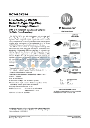 MC74LCX574MEL datasheet - Low-Voltage CMOS Octal D-Type Flip-Flop  Flow Through Pinout With 5 V−Tolerant Inputs and Outputs (3−State, Non−Inverting)