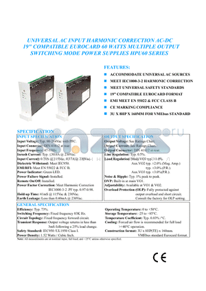 HPU60 datasheet - UNIVERSAL AC INPUT HARMONIC CORRECTION AC-DC 19 COMPATIBLE EUROCARD 60 WATTS MULTIPLE OUTPUT SWITCHING MODE POWER SUPPLIES HPU60 SERIES