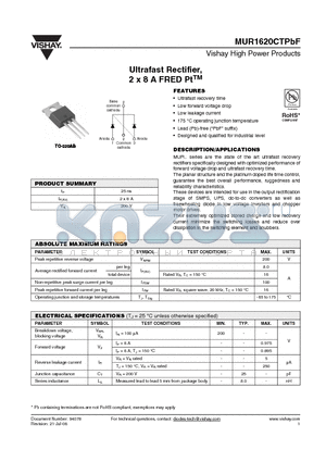MUR1620CTPBF datasheet - Ultrafast Rectifier, 2 x 8 A FRED PtTM