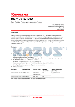 HD74LV1G126AVSE datasheet - Bus Buffer Gate with 3-state Output