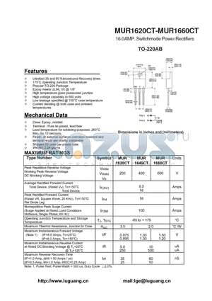 MUR1640CT datasheet - 16.0AMP. Switchmode Power Rectifiers