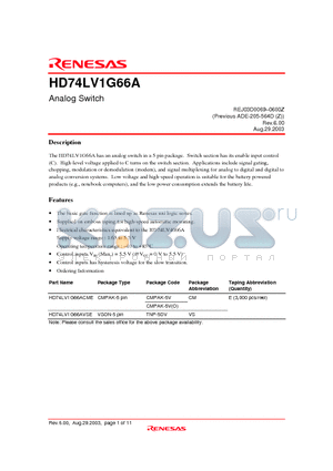 HD74LV1G66A datasheet - Analog Switch