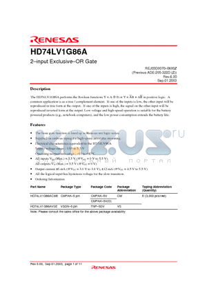 HD74LV1G86A datasheet - 2-input ExclusiveOR Gate