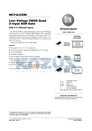 MC74LCX86DR2G datasheet - Low-Voltage CMOS Quad 2-Input XOR Gate With 5 V−Tolerant Inputs