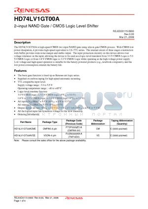 HD74LV1GT00ACME datasheet - 2-input NAND Gate / CMOS Logic Level Shiftereg