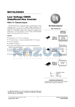 MC74LCXU04DR2G datasheet - Low-Voltage CMOS Unbuffered Hex Inverter With 5 V−Tolerant Inputs