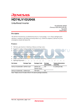 HD74LV1GU04A datasheet - Unbuffered Inverter