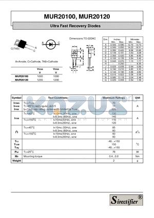 MUR20100 datasheet - Ultra Fast Recovery Diodes