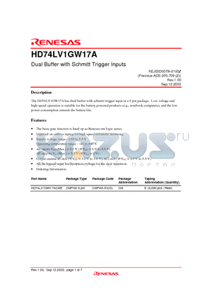 HD74LV1GW17A datasheet - Dual Buffer with Schmitt Trigger Inputs