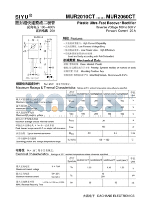 MUR2020CT datasheet - Plastic Ultra-Fast Recover Rectifier Reverse Voltage 100 to 600 V Forward Current 20 A