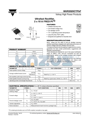 MUR2020CTPBF datasheet - Ultrafast Rectifier, 2 x 10 A FRED PtTM