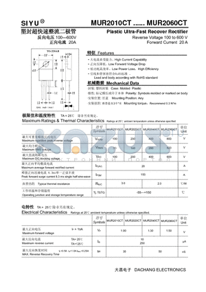 MUR2010CT datasheet - Plastic Ultra-Fast Recover Rectifier Reverse Voltage 100 to 600 V Forward Current 20 A