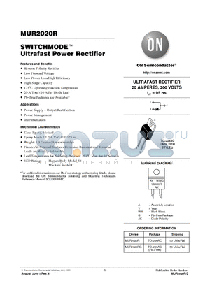 MUR2020RG datasheet - ULTRAFAST RECTIFIER 20 AMPERES, 200 VOLTS