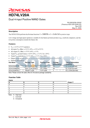 HD74LV20ARPEL datasheet - Dual 4-input Positive NAND Gates