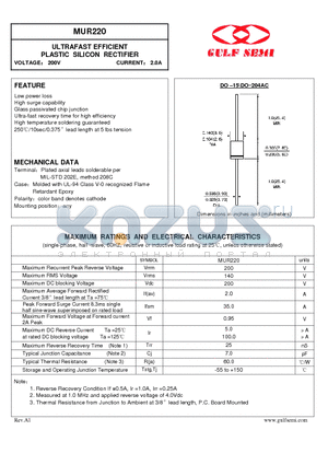 MUR220 datasheet - ULTRAFAST EFFICIENT PLASTIC SILICON RECTIFIER VOLTAGE 200V CURRENT 2.0A
