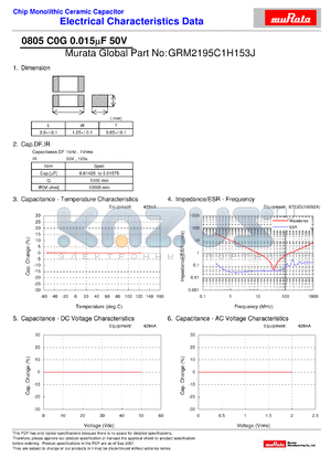GRM2195C1H153J datasheet - Chip Monolithic Ceramic Capacitor 0805 C0G 0.015lF 50V