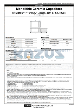 GRM219E41H104MA0150VDC datasheet - Monolithic Ceramic Capacitors