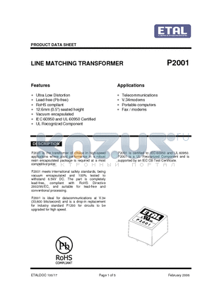 P2001 datasheet - LINE MATCHING TRANSFORMER