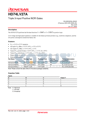 HD74LV27AFPEL datasheet - Triple 3-input Positive NOR Gates