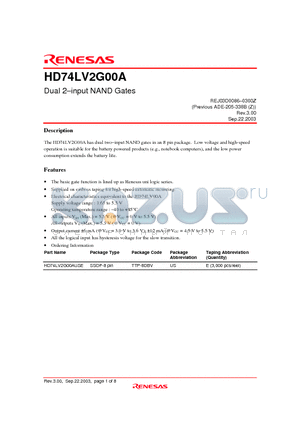 HD74LV2G00A datasheet - Dual 2-input NAND Gates