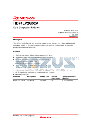 HD74LV2G00AUSE datasheet - Dual 2-input NOR Gates