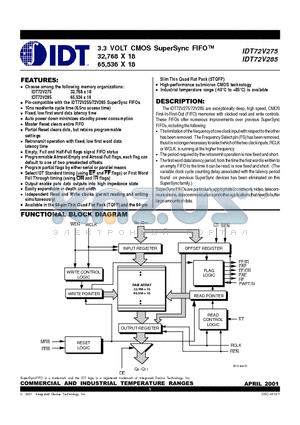 IDT72V275L15TFI datasheet - 3.3 VOLT CMOS SuperSync FIFO