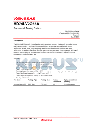 HD74LV2G66AUSE datasheet - 2-channel Analog Switch