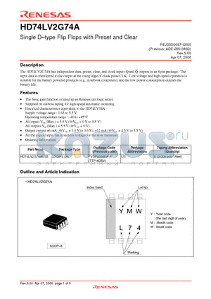 HD74LV2G74AUSE datasheet - Single D-type Flip Flops with Preset and Clear