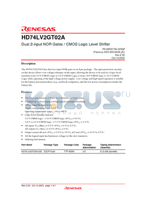 HD74LV2GT02AUSE datasheet - Dual 2-input NOR Gates / CMOS Logic Level Shifter