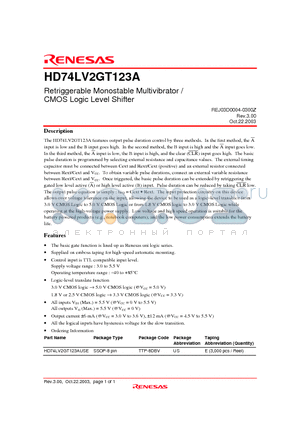 HD74LV2GT123A datasheet - Retriggerable Monostable Multivibrator / CMOS Logic Level Shifter