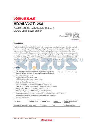 HD74LV2GT125A datasheet - Dual Bus Buffer with 3-state Output / CMOS Logic Level Shifter