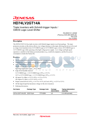 HD74LV2GT14A datasheet - Triple Inverters with Schmitt-trigger Inputs / CMOS Logic Level Shifter