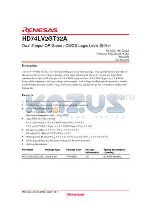 HD74LV2GT32AUSE datasheet - Dual 2-input OR Gates / CMOS Logic Level Shifter