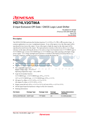 HD74LV2GT86A datasheet - 2-input Exclusive-OR Gate / CMOS Logic Level Shifter