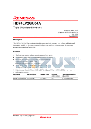 HD74LV2GU04A datasheet - Triple Unbuffered Inverters