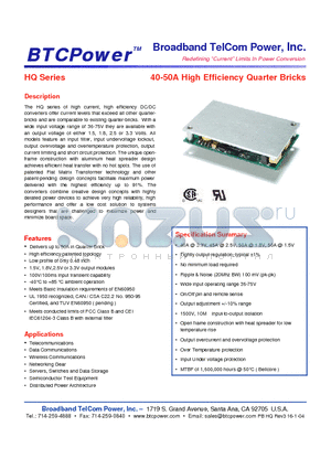 HQ15A-48-12 datasheet - 40-50A High Efficiency Quarter Bricks