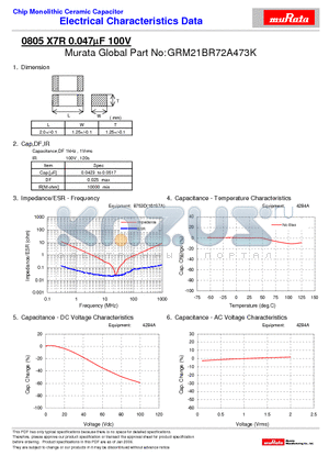 GRM21BR72A473K datasheet - Chip Monolithic Ceramic Capacitor 0805 X7R 0.047lF 100V